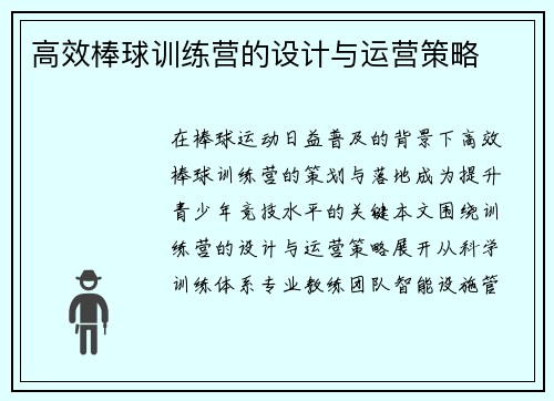 高效棒球训练营的设计与运营策略